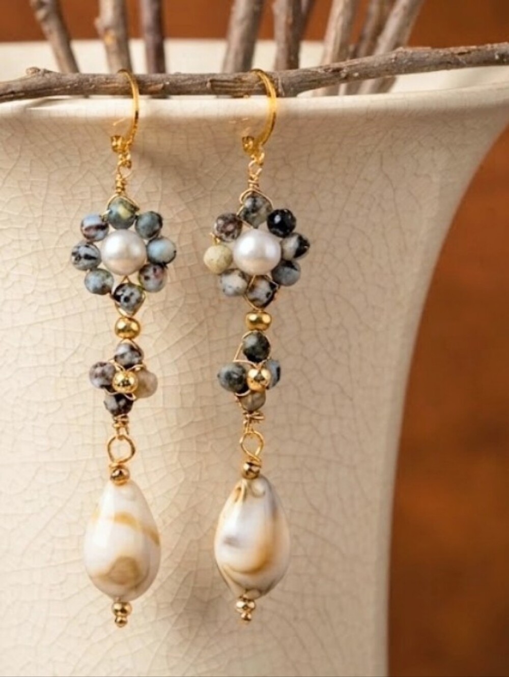 Genuine Larimar Flower & Cowry Sea Shell In Artisan Bohemian Handmade Earrings